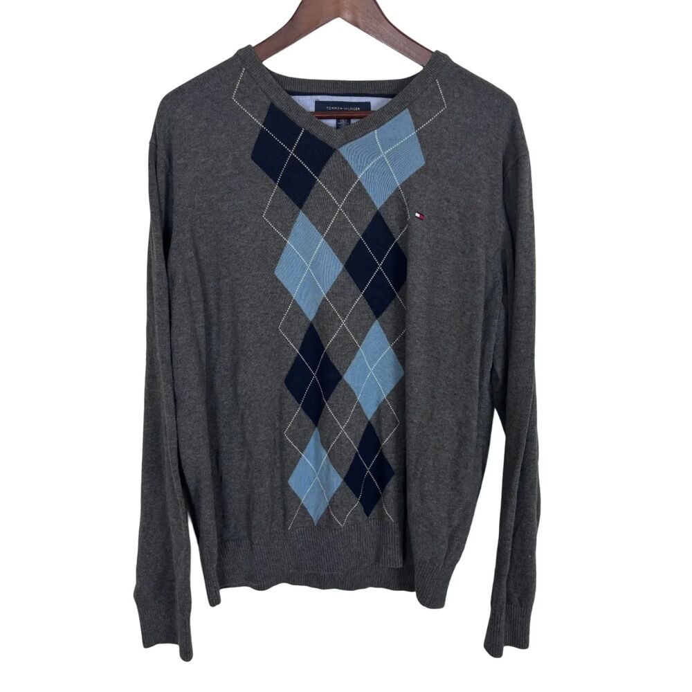 Tommy Hilfiger Gray Blue Argyle V-neck Sweater Men's Large